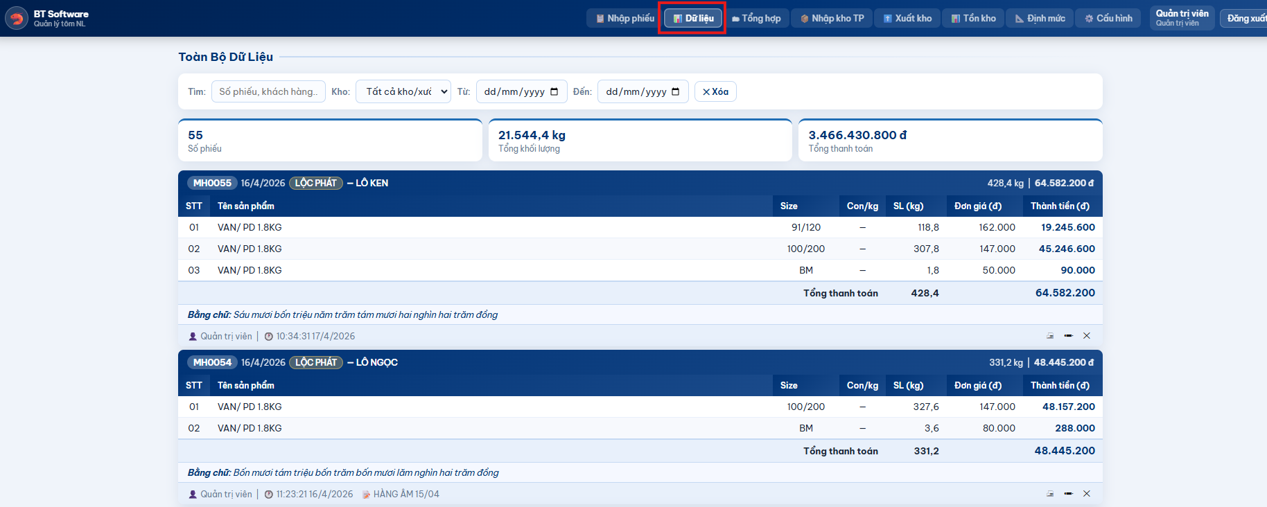 Tab dữ liệu phiếu