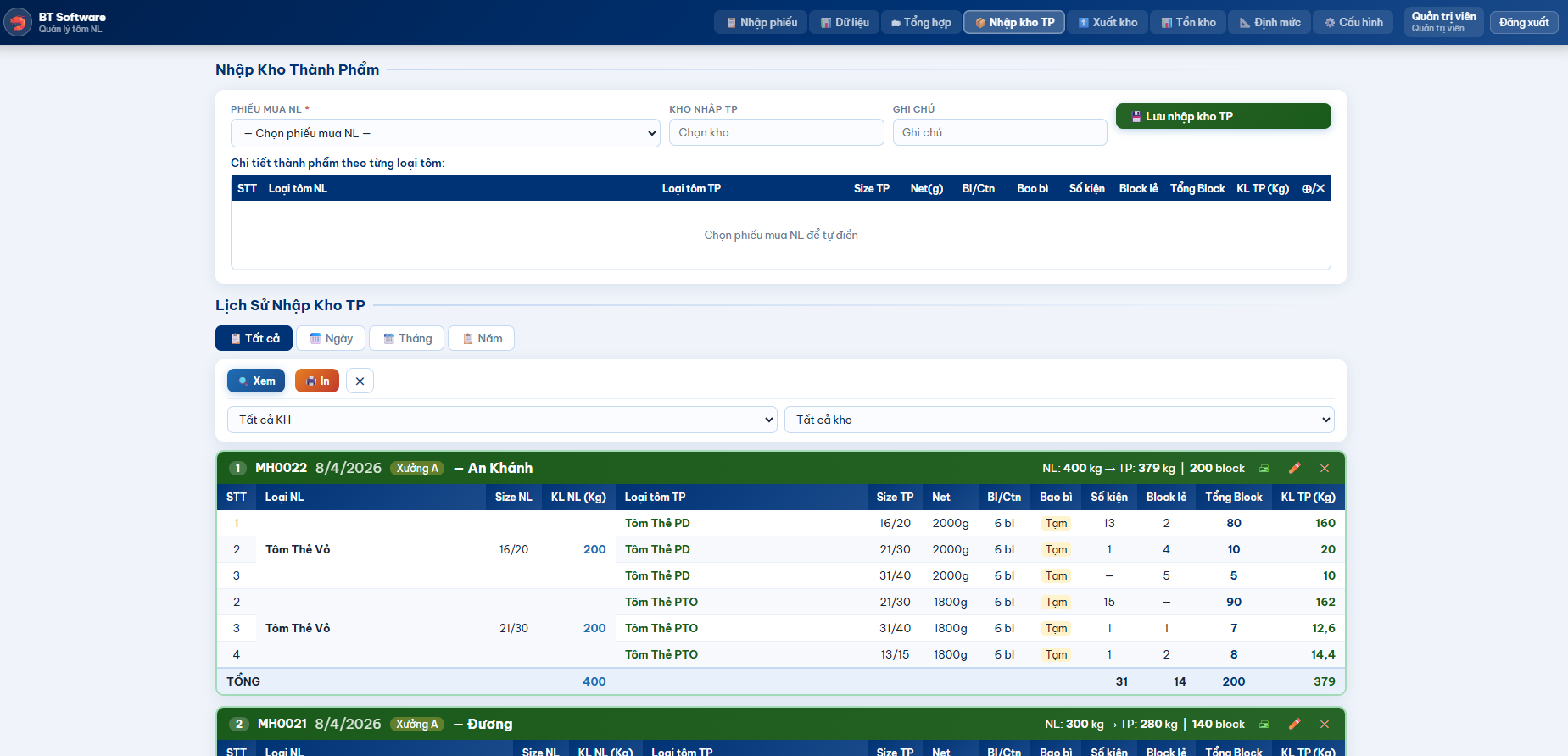 Tab nhập kho thành phẩm